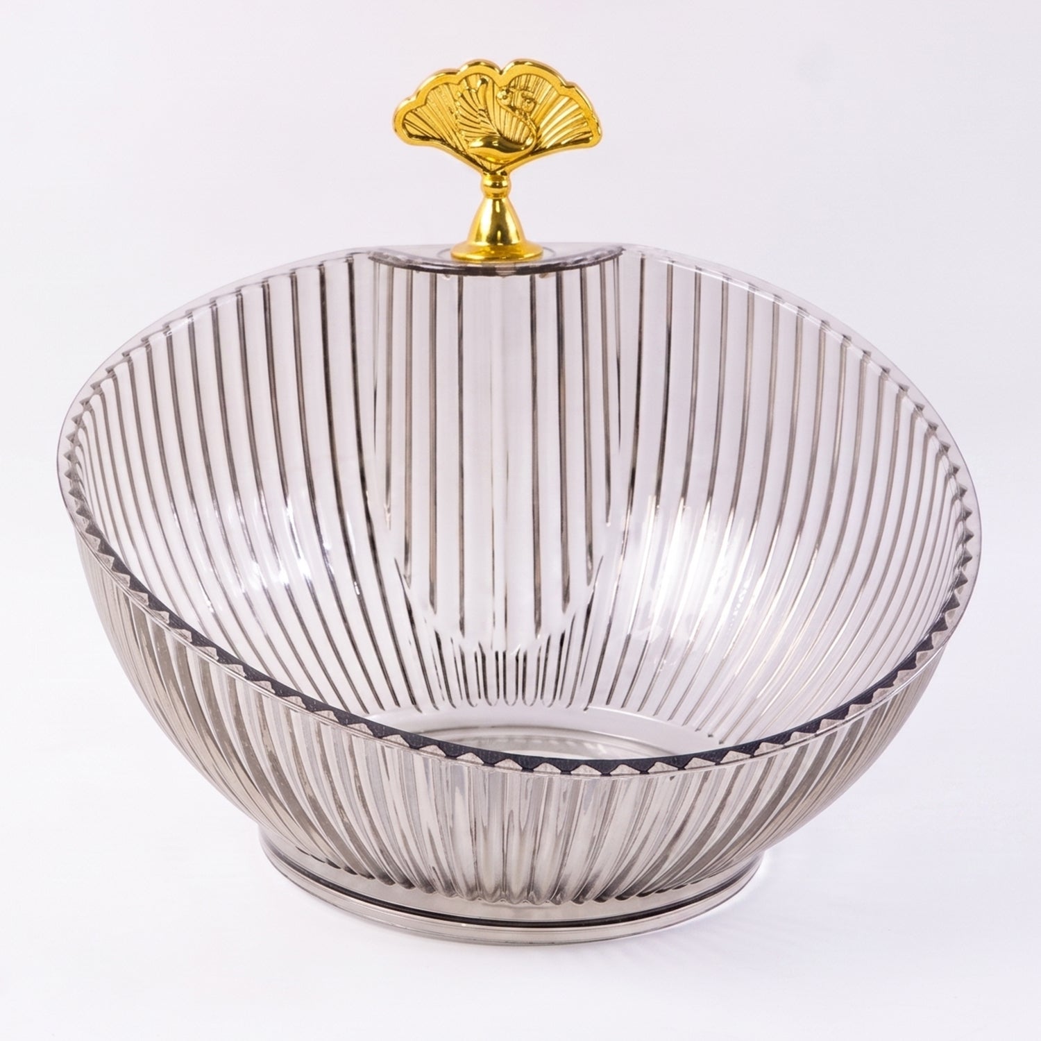 Clear plastic fruit bowl with gold accent for elegant table setting