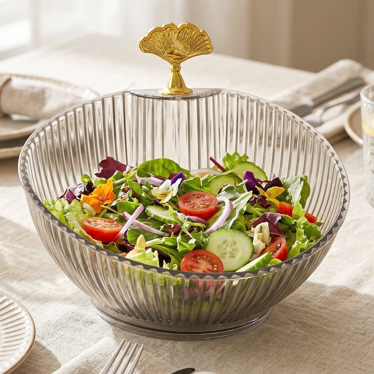 Fruit bowl with gold accent enhancing dining decor with fresh fruits