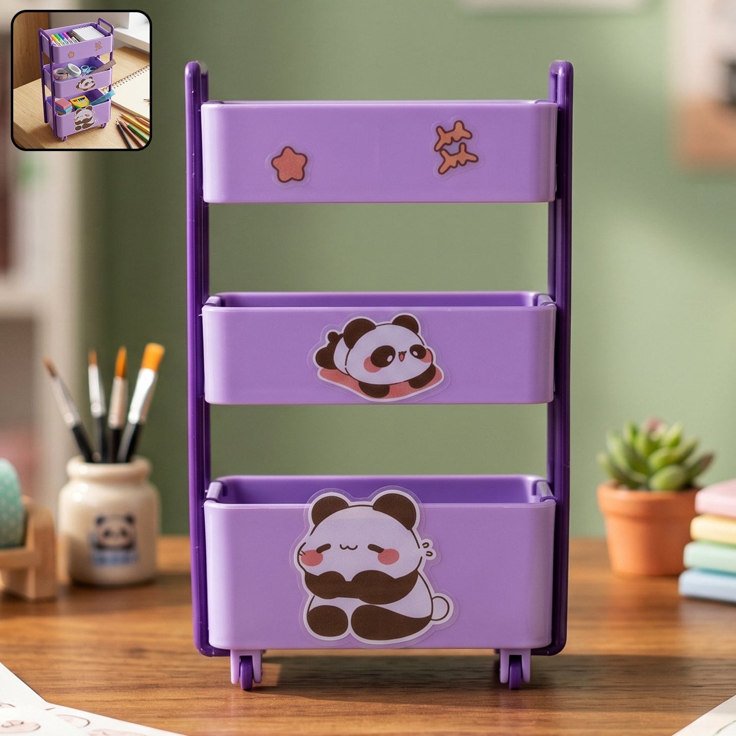 Mini storage trolley on a desk organized with stationery and pens.