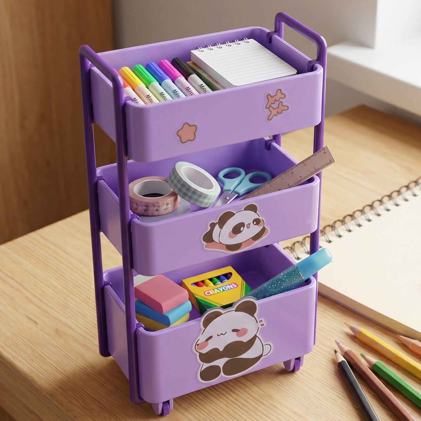 Desk organizer with mini trolley holding office supplies.