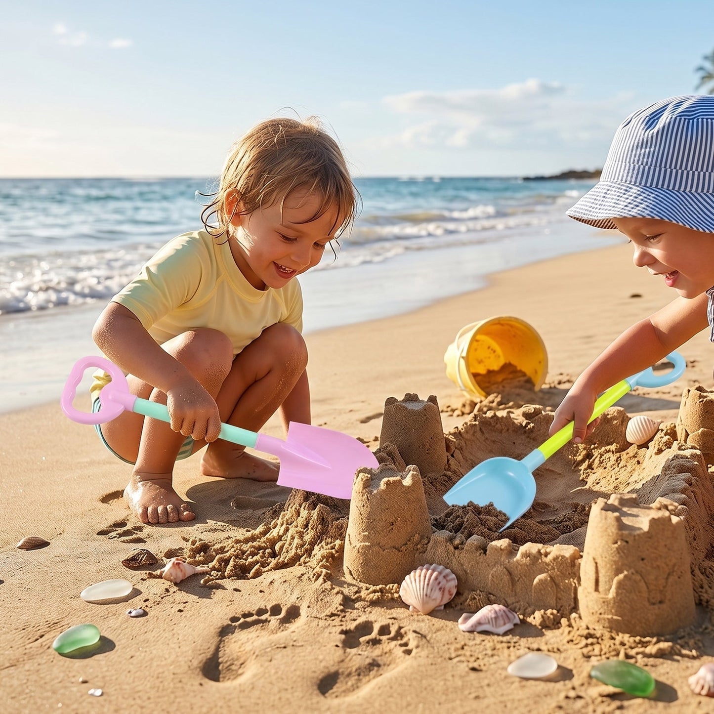 Kids playing with sand shovel and scoop tools at the beach