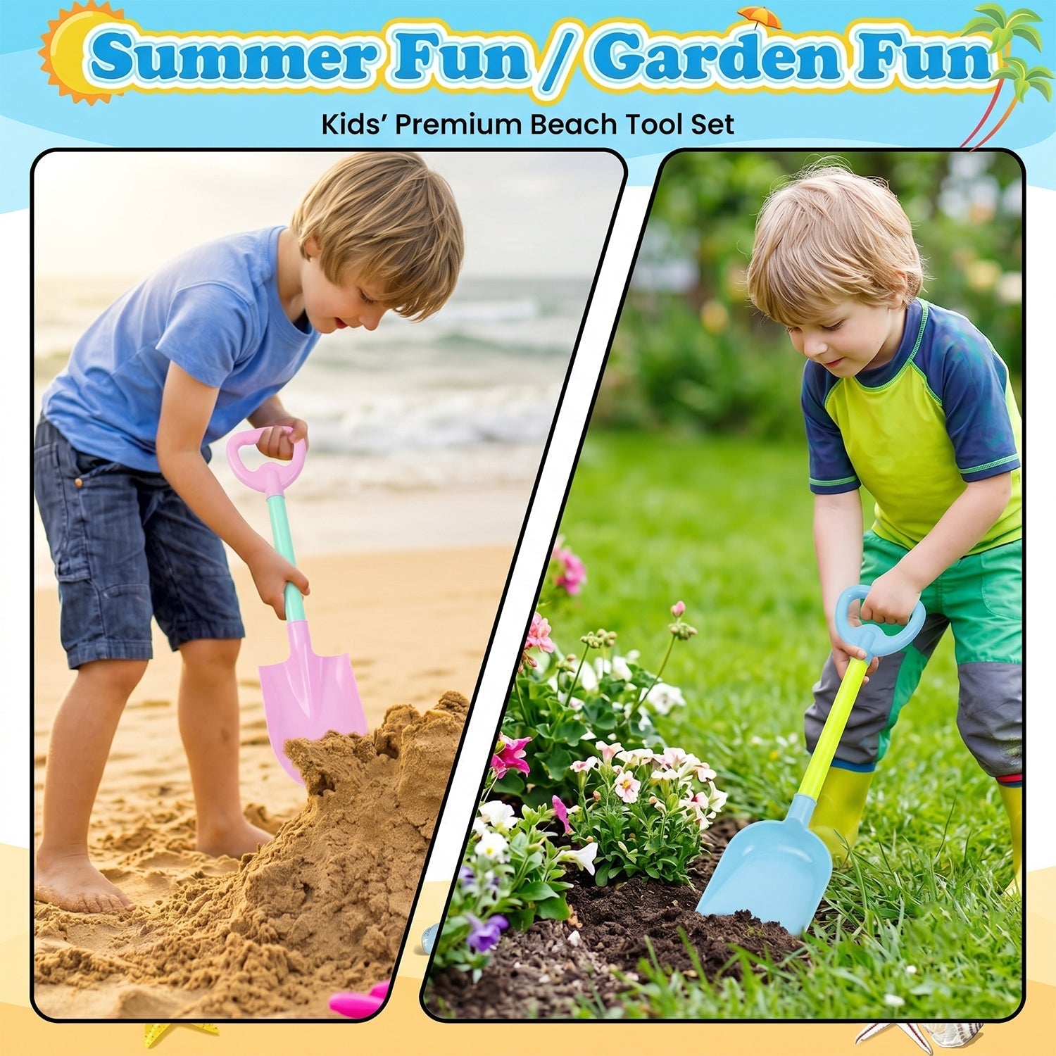 Children using lightweight plastic sand tools in outdoor setting