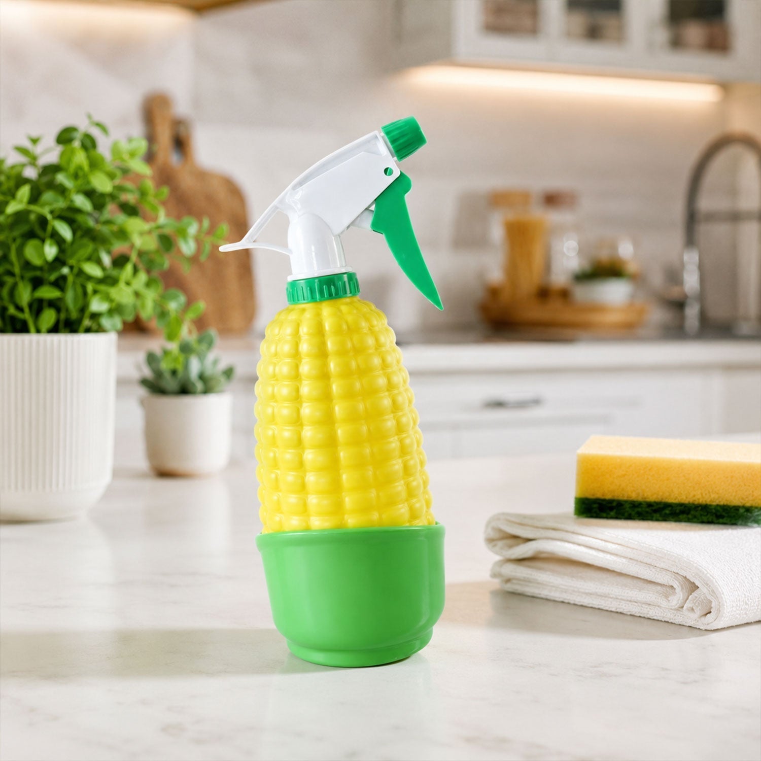 Corn shape trigger spray bottle with ergonomic trigger for plants and cleaning.