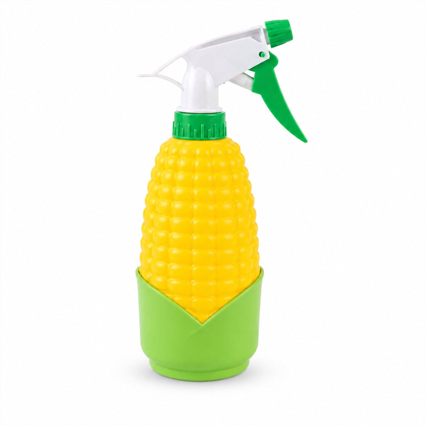 Bright yellow corn-shaped trigger spray bottle on a white background.