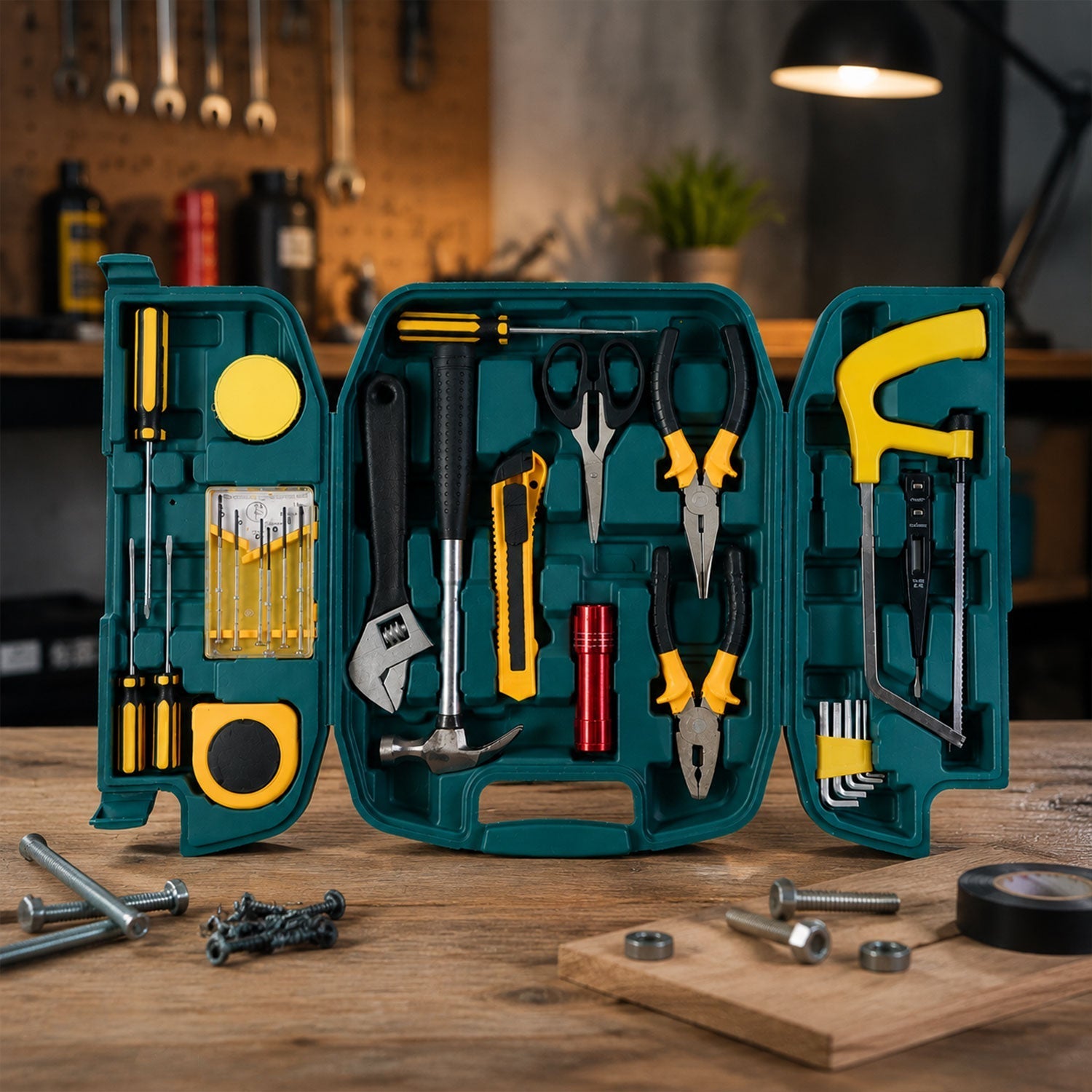 Open Multi-purpose Home Tool Kit Set with organized tools in yellow carry case.
