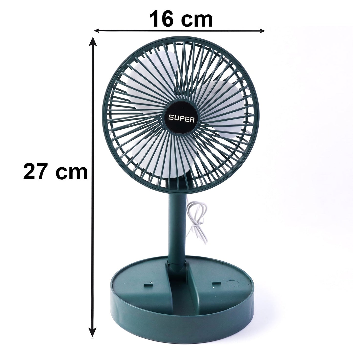 Compact size USB fan with dimensions for desktop use