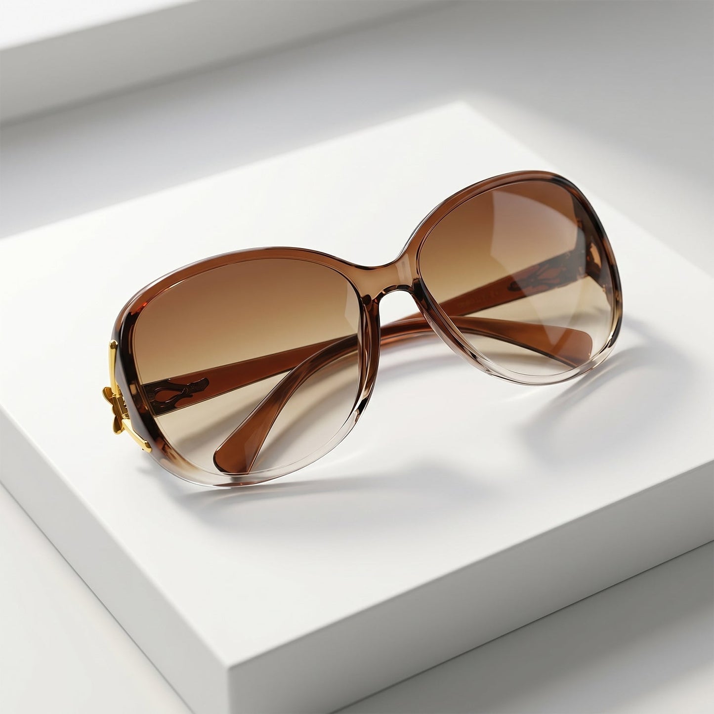 Fashionable woman confidently wearing oversized sunglasses.