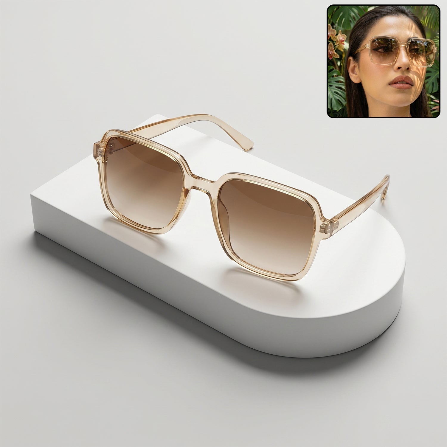 People wearing trendy square sunglasses outdoors