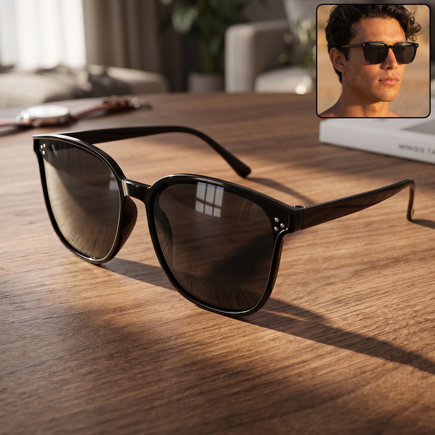 Wearing black sunglasses suitable for outdoor and driving