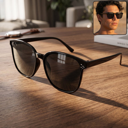 Wearing black sunglasses suitable for outdoor and driving