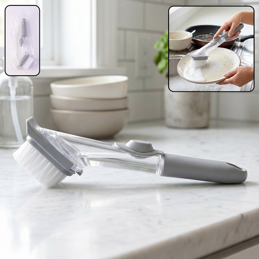 Refillable soap dispensing dish scrub brush with sturdy bristles