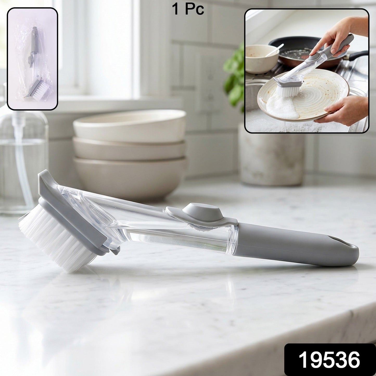 Two refillable soap dispensing dish scrub brushes in packaging