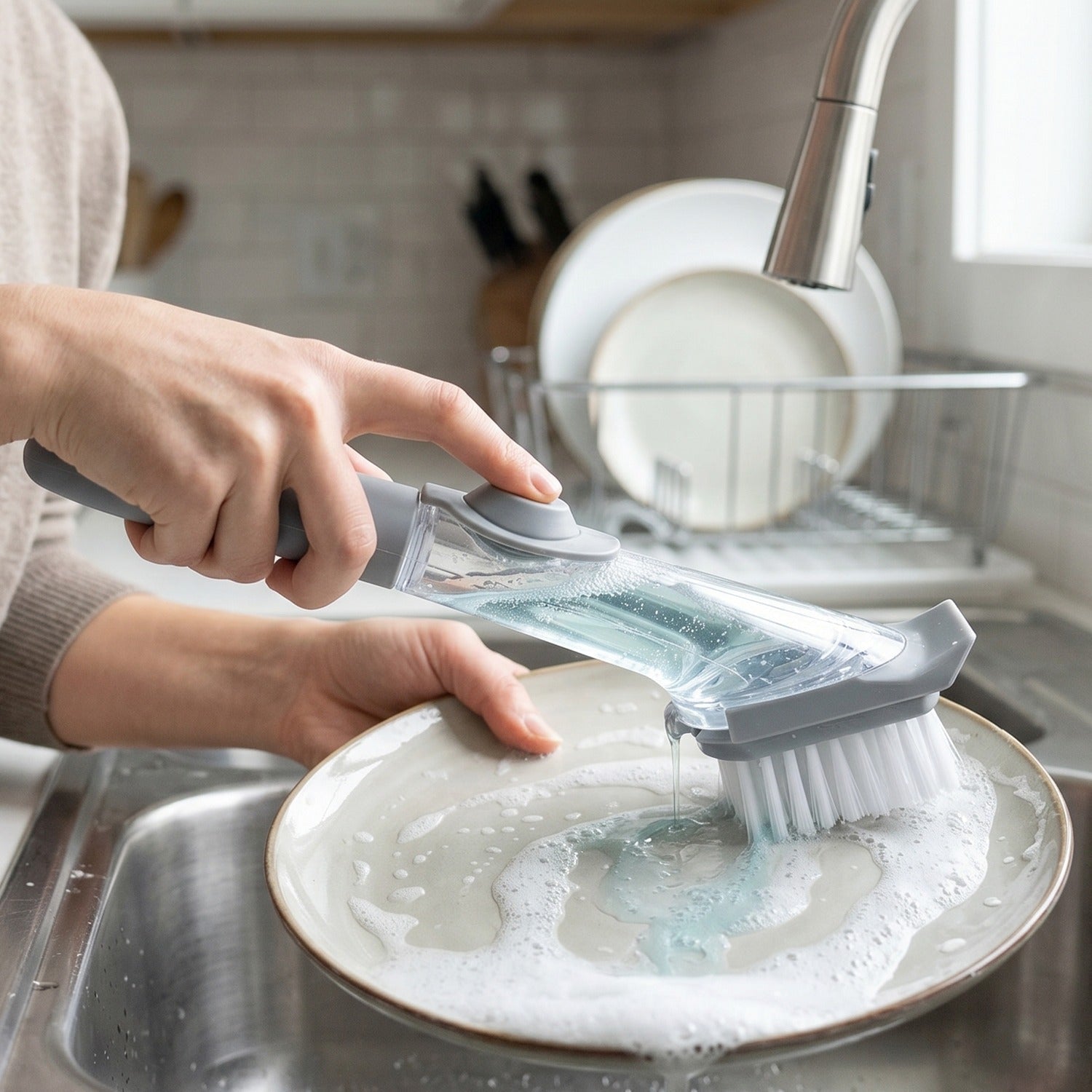 Refillable dish scrub brush with liquid soap inside