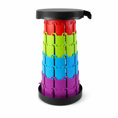 Rainbow-colored portable folding stool on white background