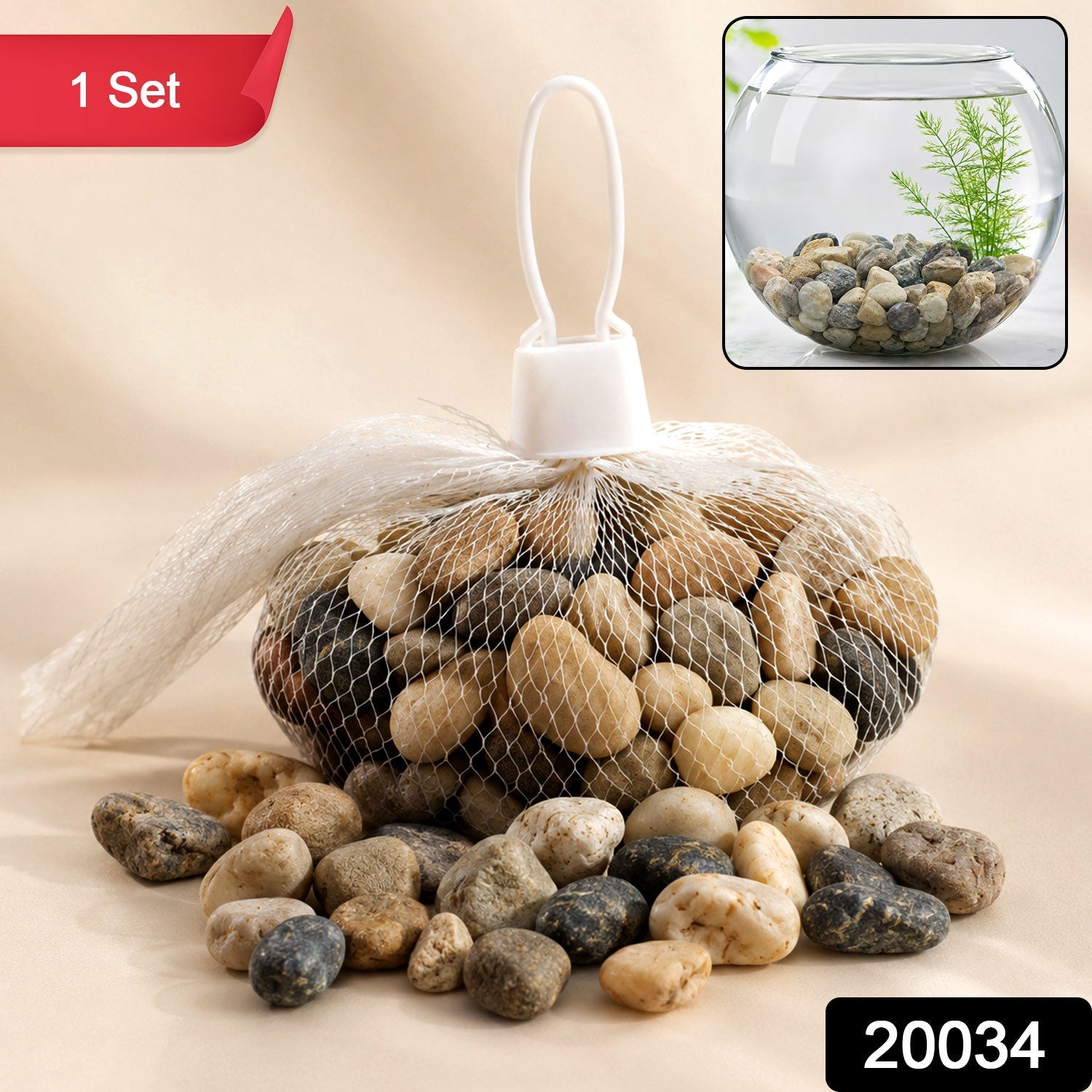 Pack of smooth, mixed color river pebbles for aquariums, vases, and outdoor use