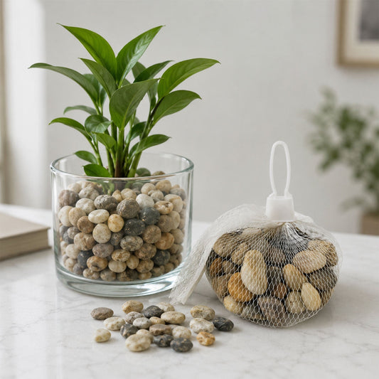 Set of natural river pebbles stones in various earthy tones for decoration