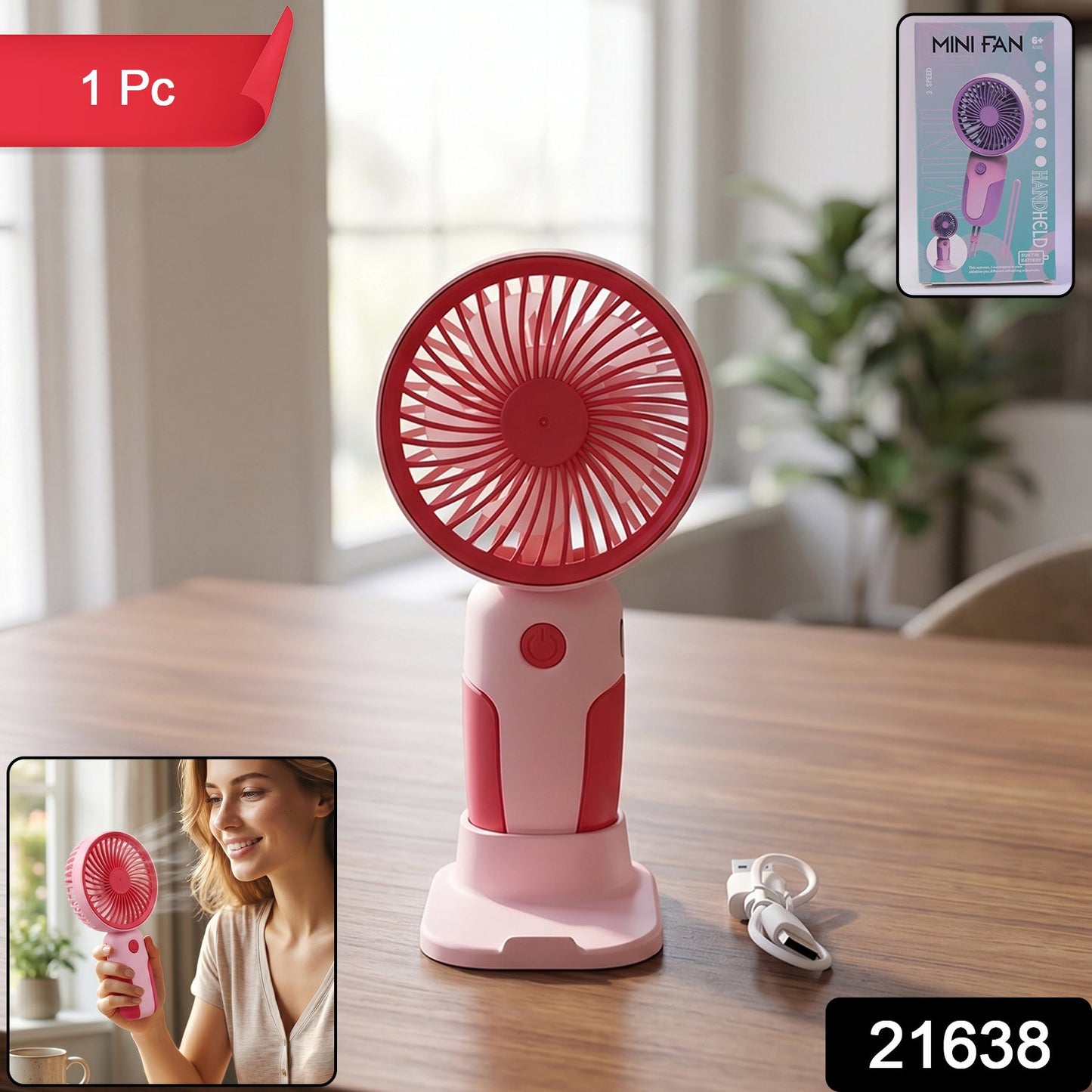 Mini fan with detachable stand in packaging, portable USB powered design