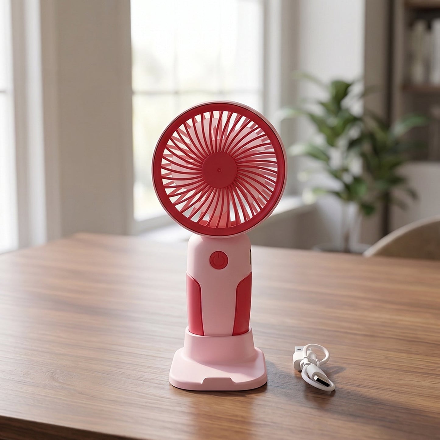 Mini rechargeable fan on white background, stylish portable design