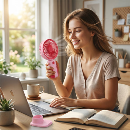 Mini rechargeable fan on desk with laptop, portable cooling