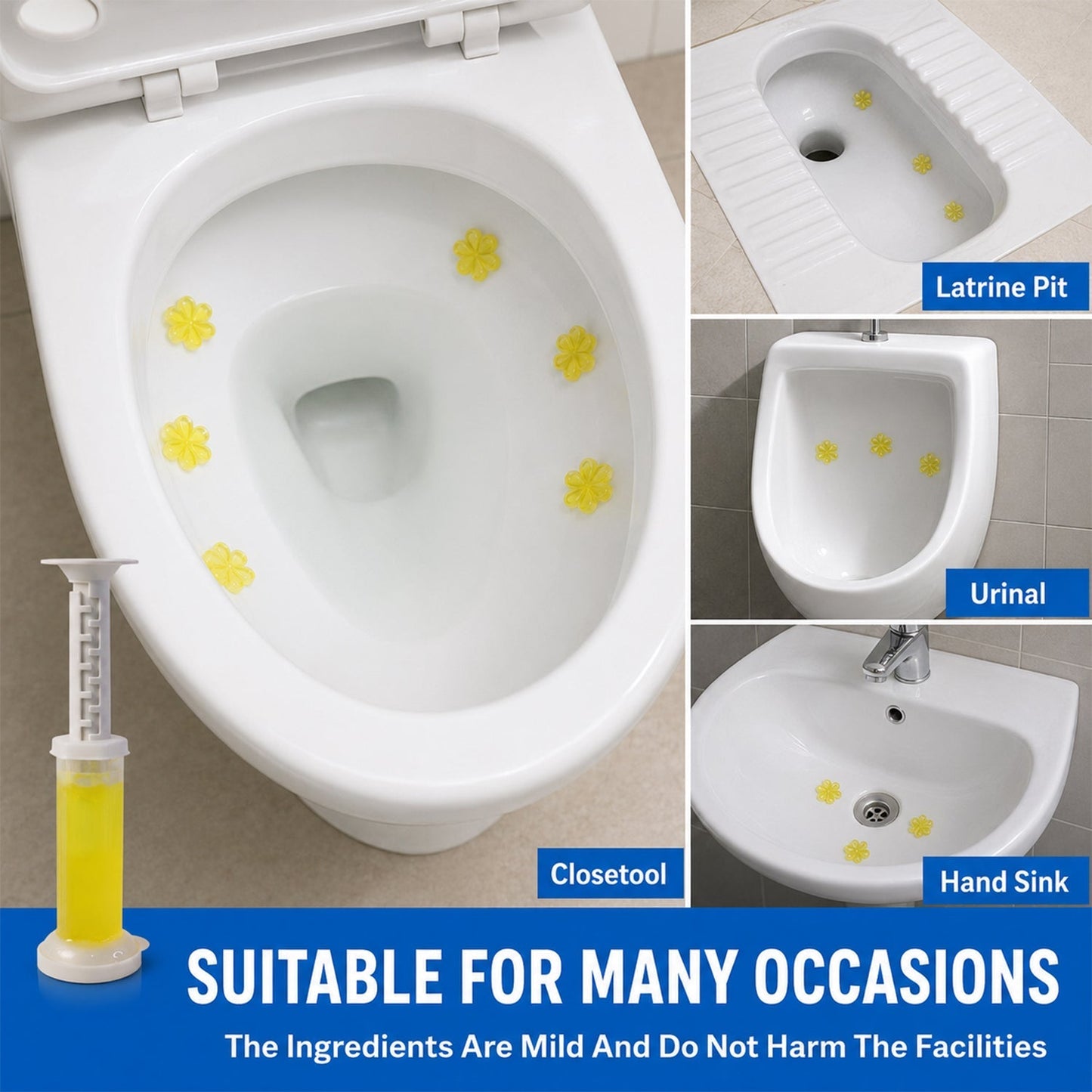 Examples of using flower-shaped toilet gel cleaner
