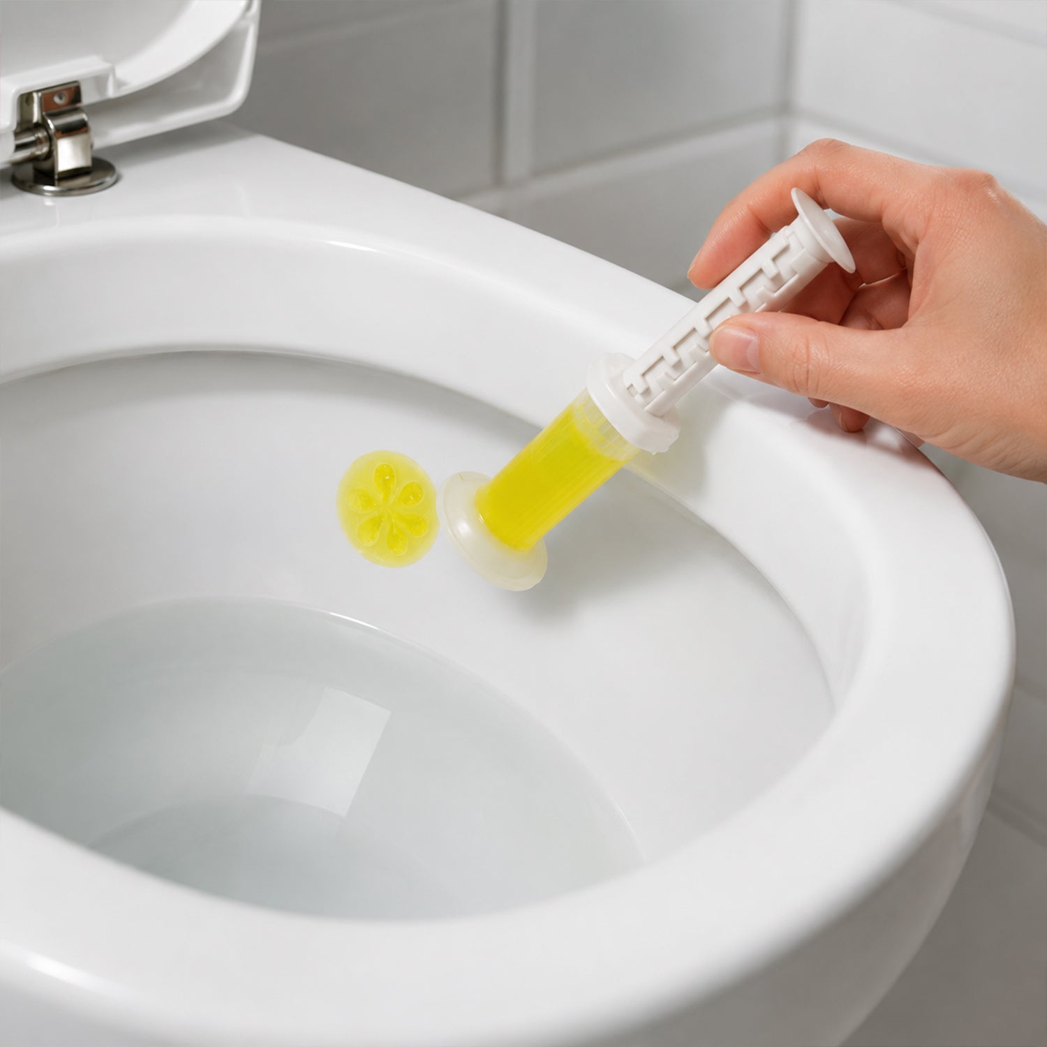 Toilet gel cleaner applied inside toilet bowl