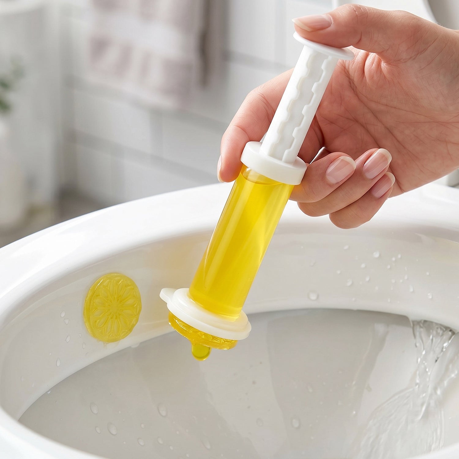 Toilet gel releasing fresh fragrance with flower-shaped stamp in bowl