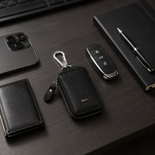 Black PU leather car key case with zipper and metal clip hook.