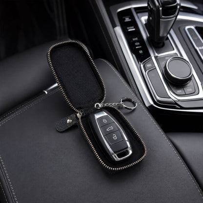 Close-up of zipper and clip on the smart remote key holder.