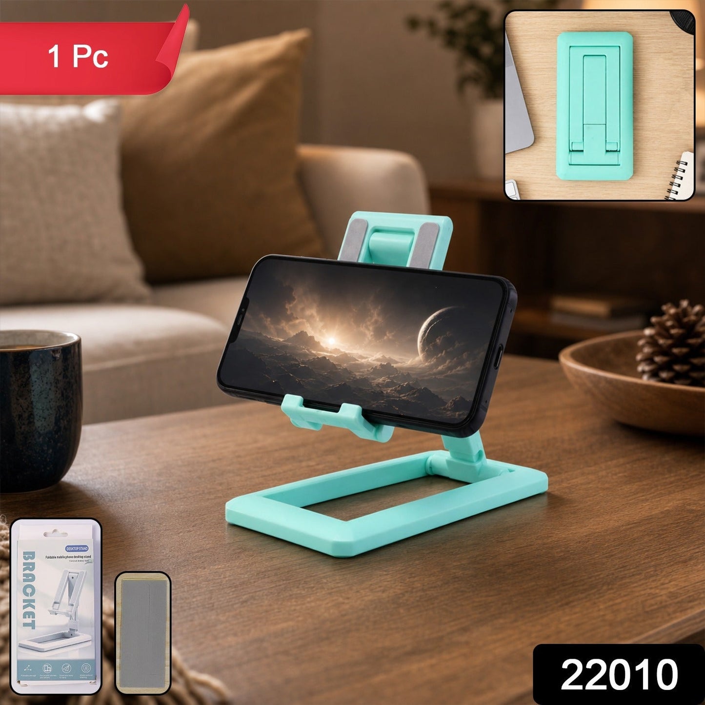 Foldable phone stand in retail packaging, portable design