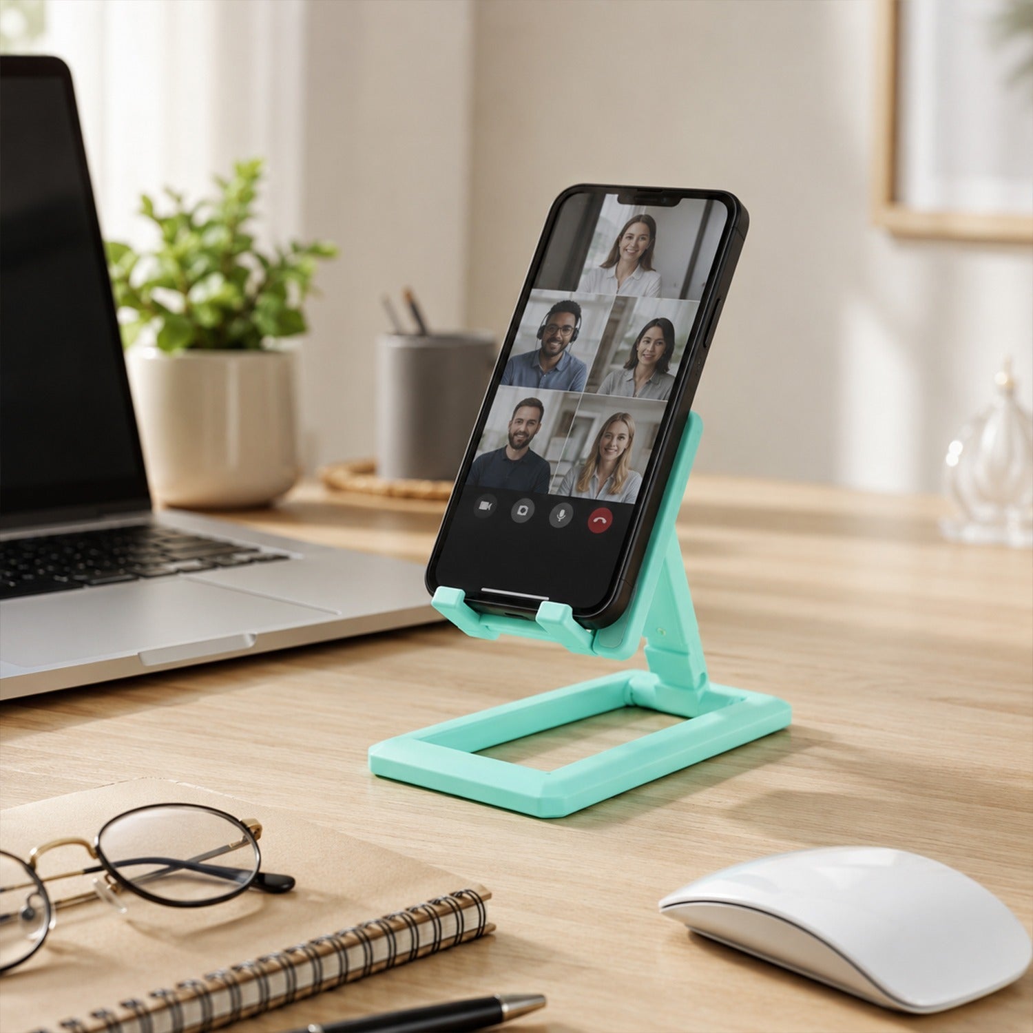 Person using foldable phone stand on a desk with smartphone