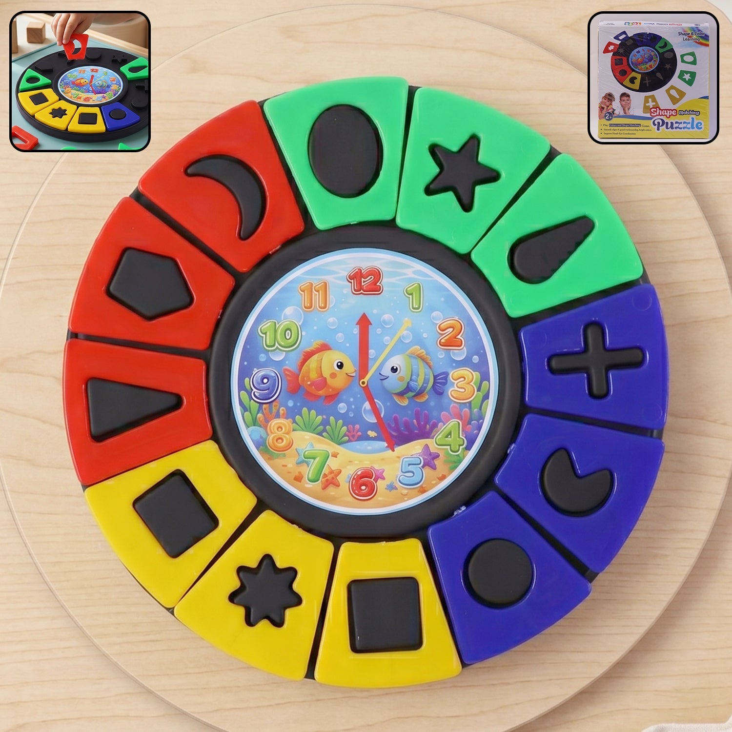 Colorful shape & color matching puzzle toy with clock face for toddlers