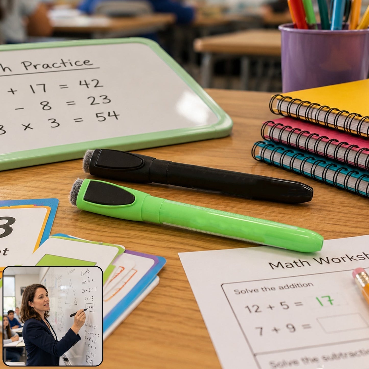 Whiteboard marker with eraser cap, ideal for office and classroom settings.
