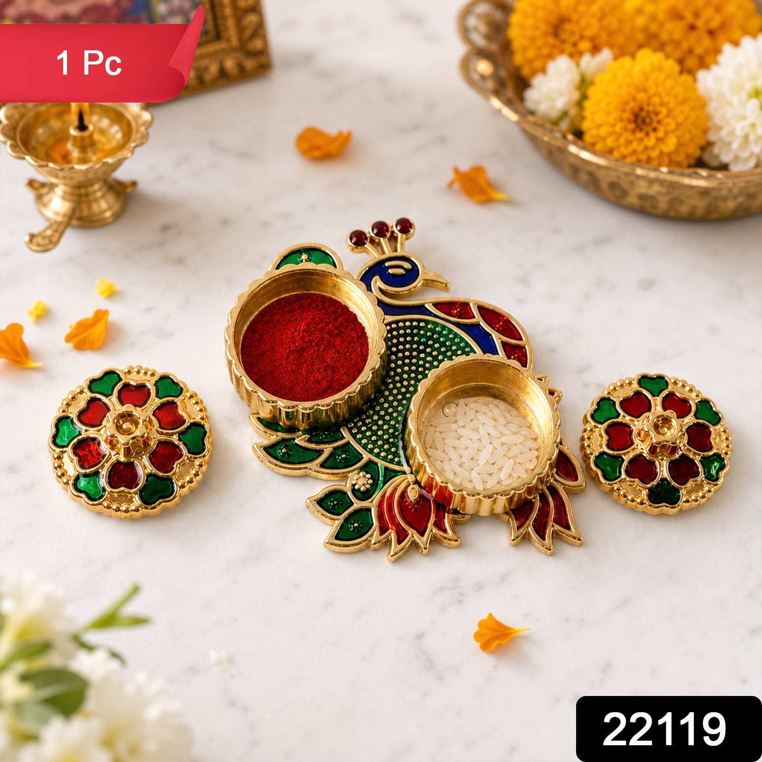 Peacock kankavati holder, top view showing intricate meenakari detail