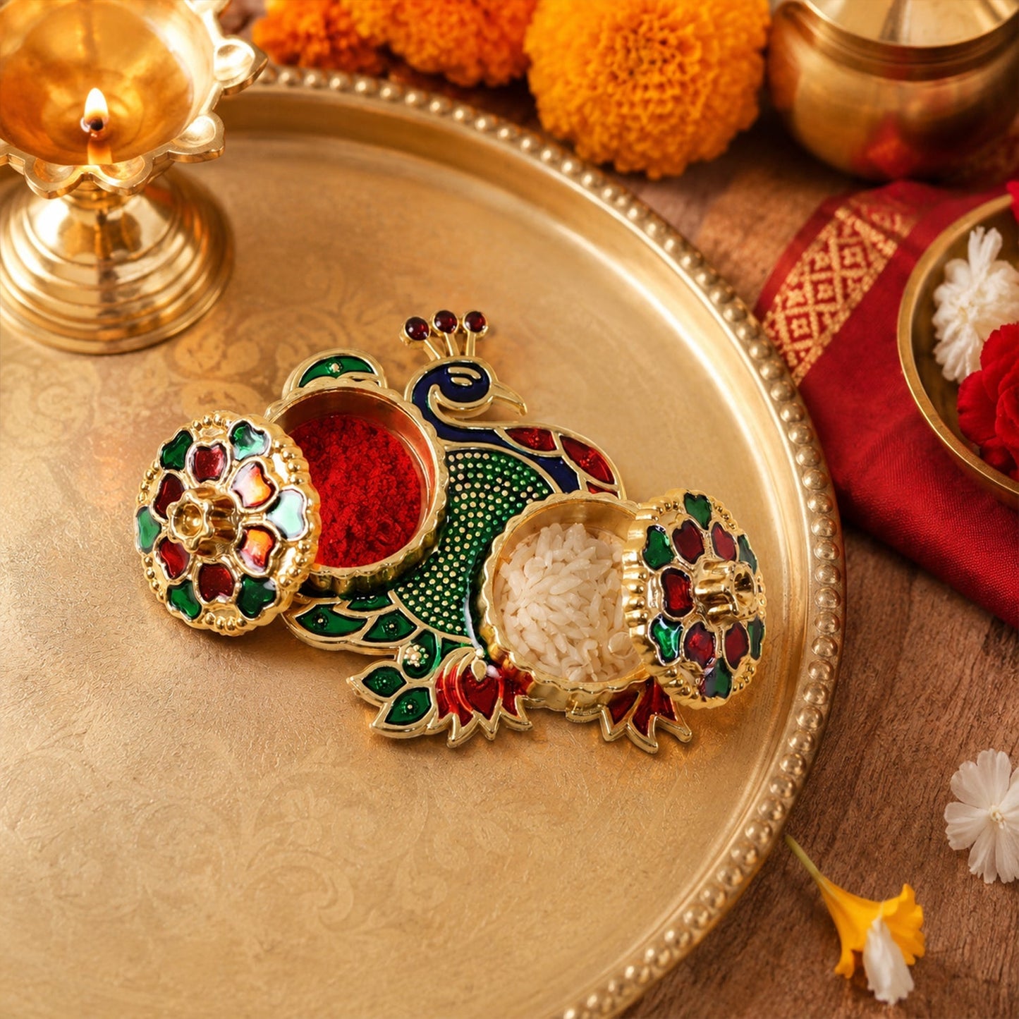 Peacock kumkum dani on pooja thali, ideal for festive rituals