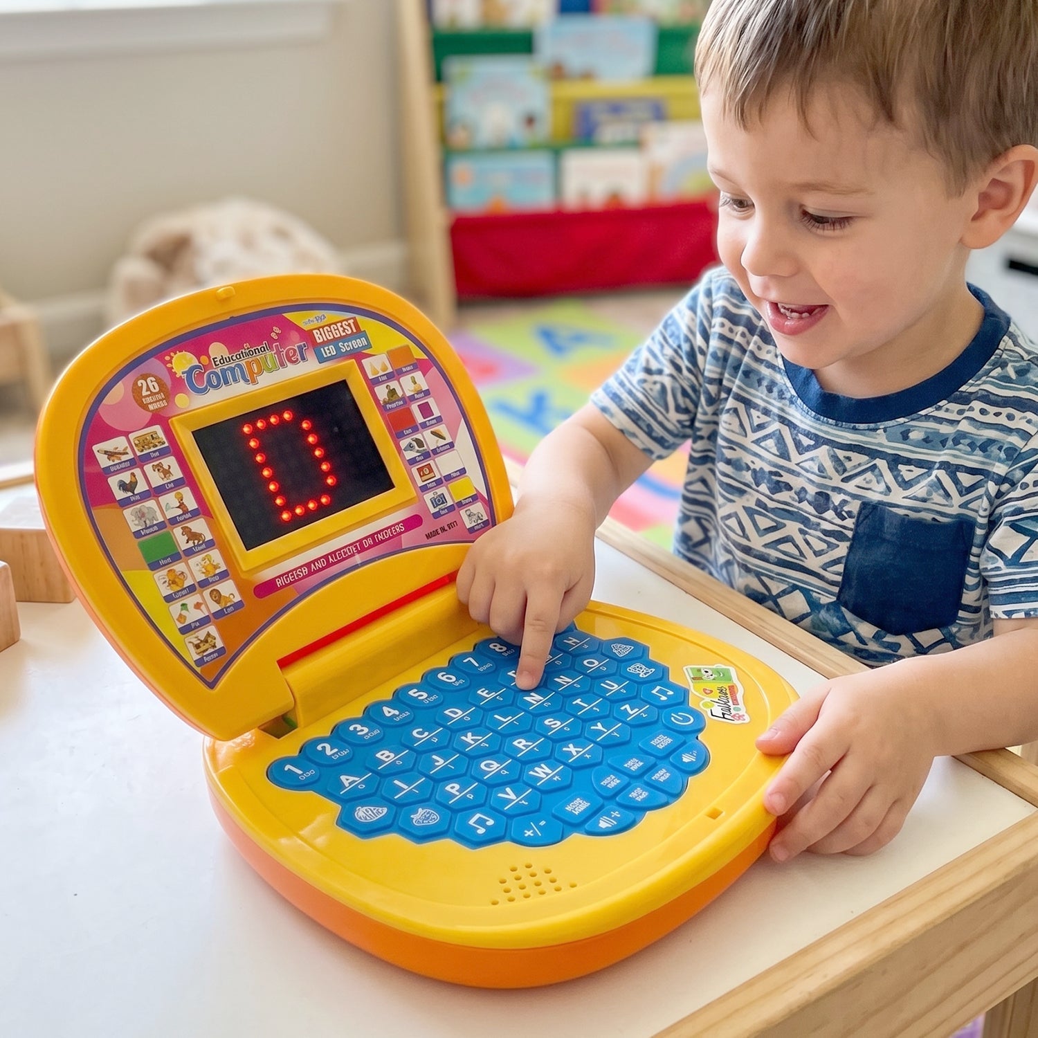 Educational laptop in use by child, colorful and interactive