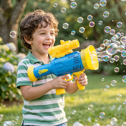 Child using bubble maker machine with lights