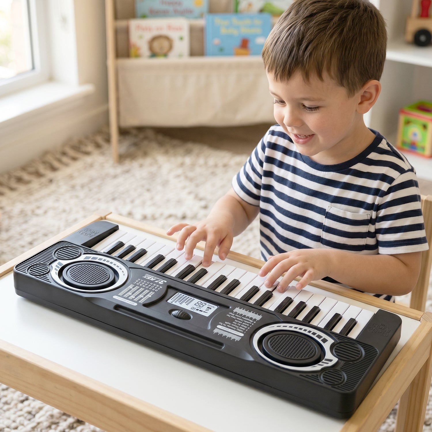 Children playing on a musical keyboard toy, developing coordination