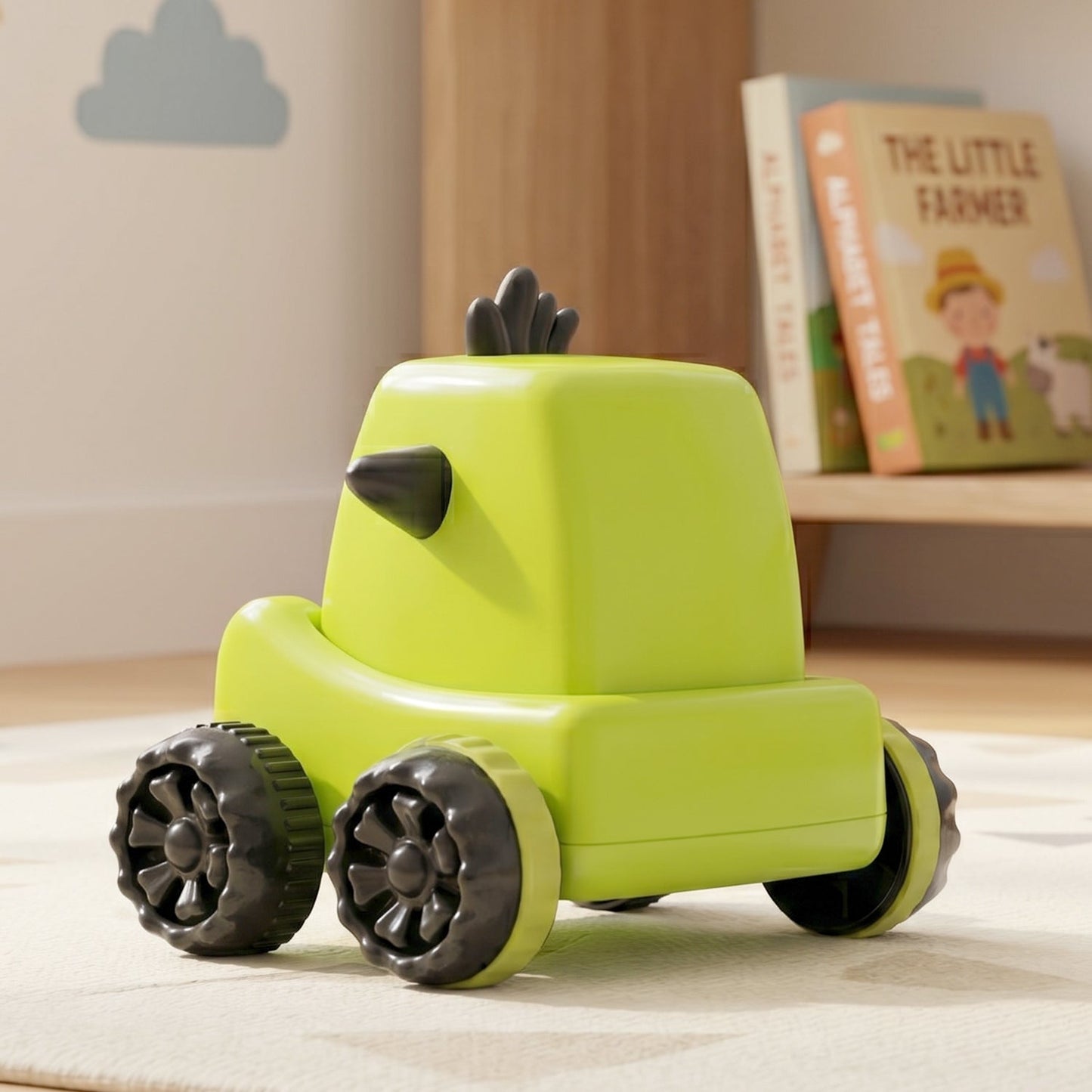 Cartoon monster push back car toy demonstrating friction power