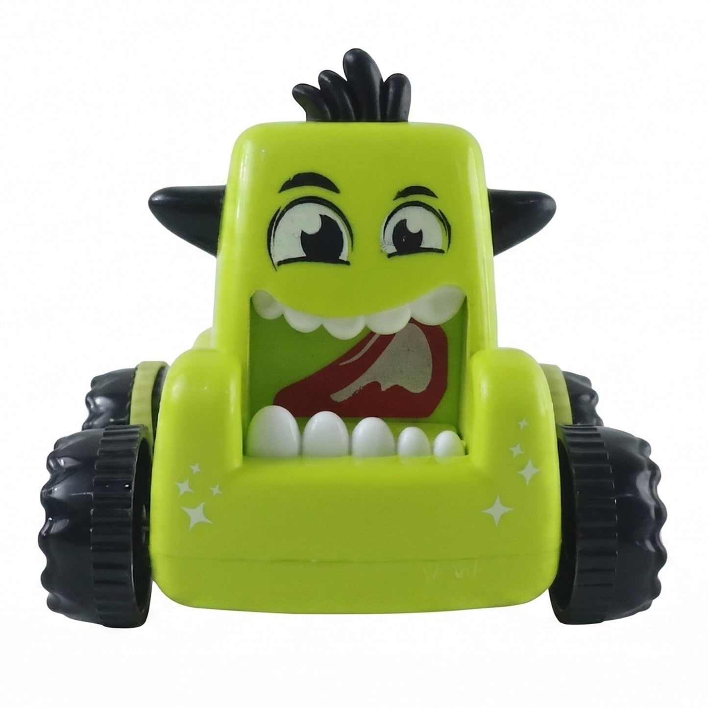 Yellow cartoon monster mini car toy on white background