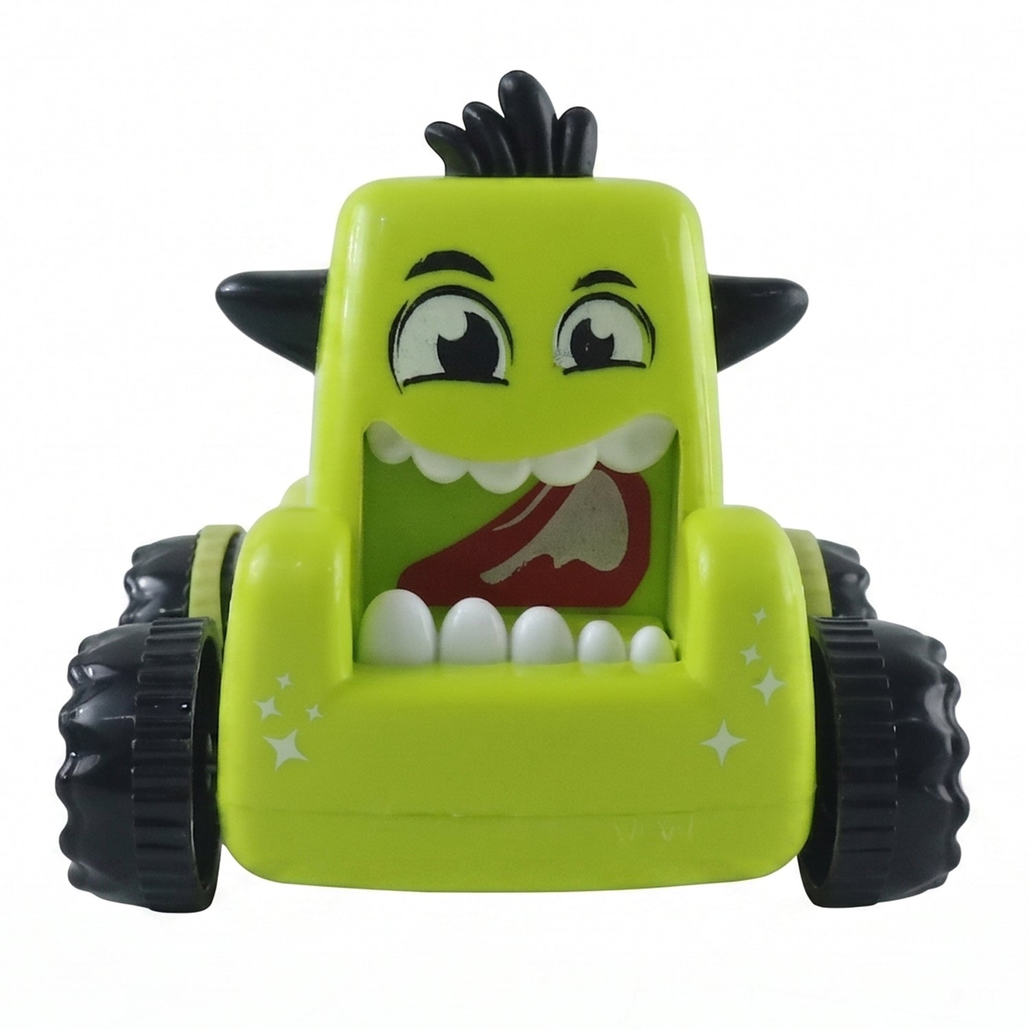 Yellow cartoon monster mini car toy on white background