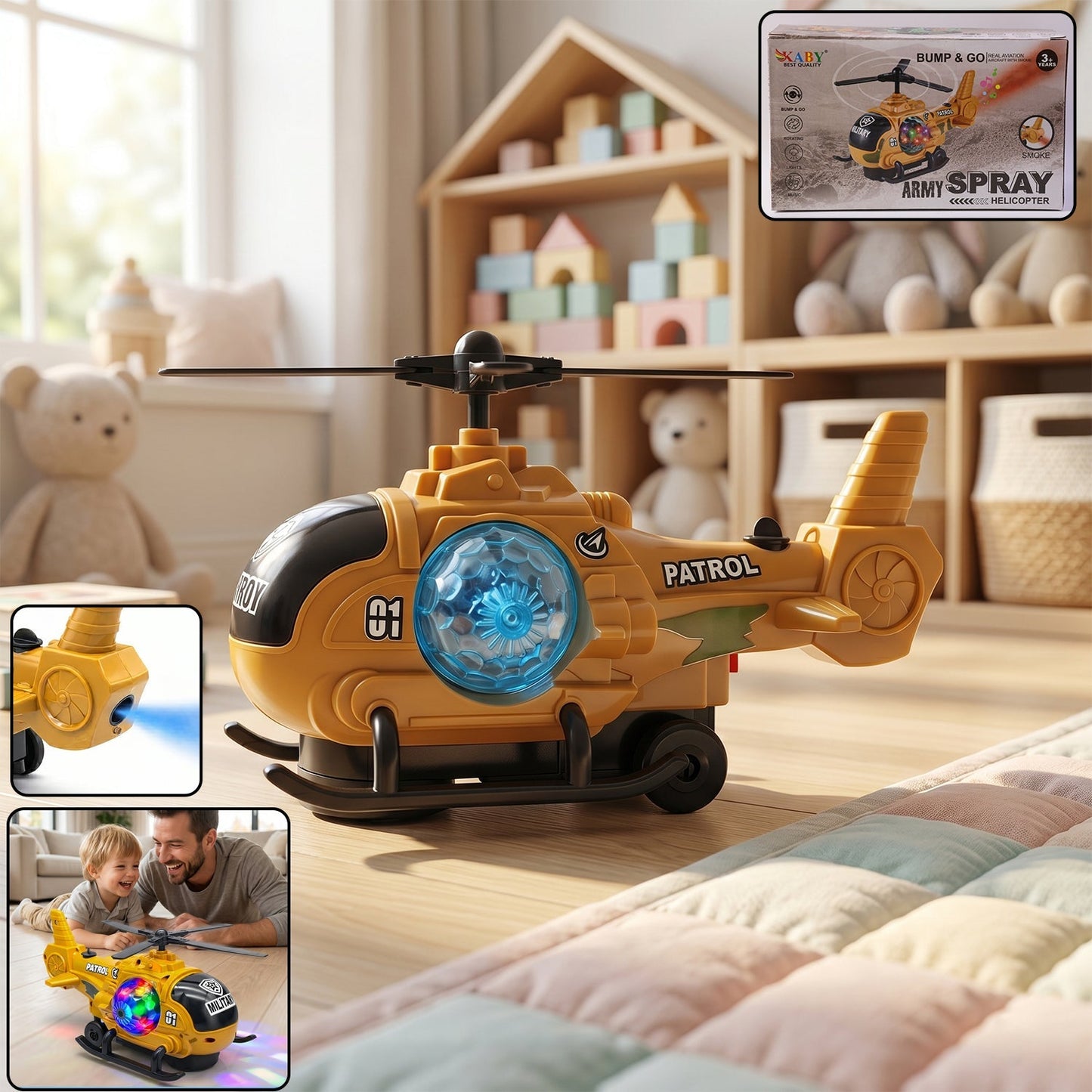 Military spray helicopter toy with lights and music for kids