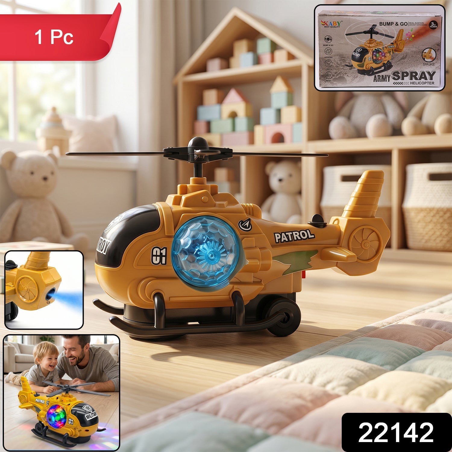 Helicopter toy in packaging box with army theme