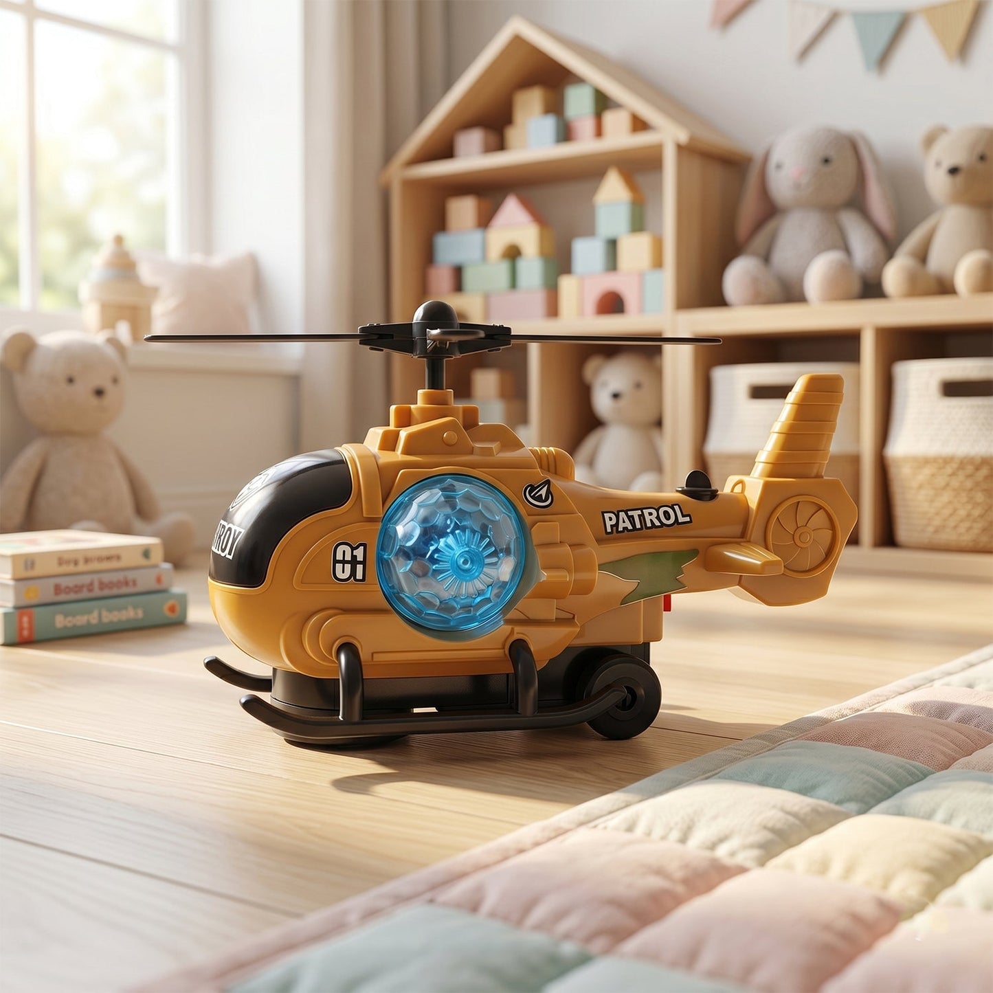 Military helicopter toy with lights, music, and mist spray