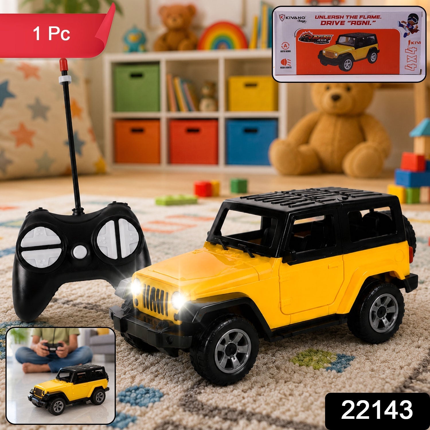 Packaged yellow RC off-road jeep toy in box