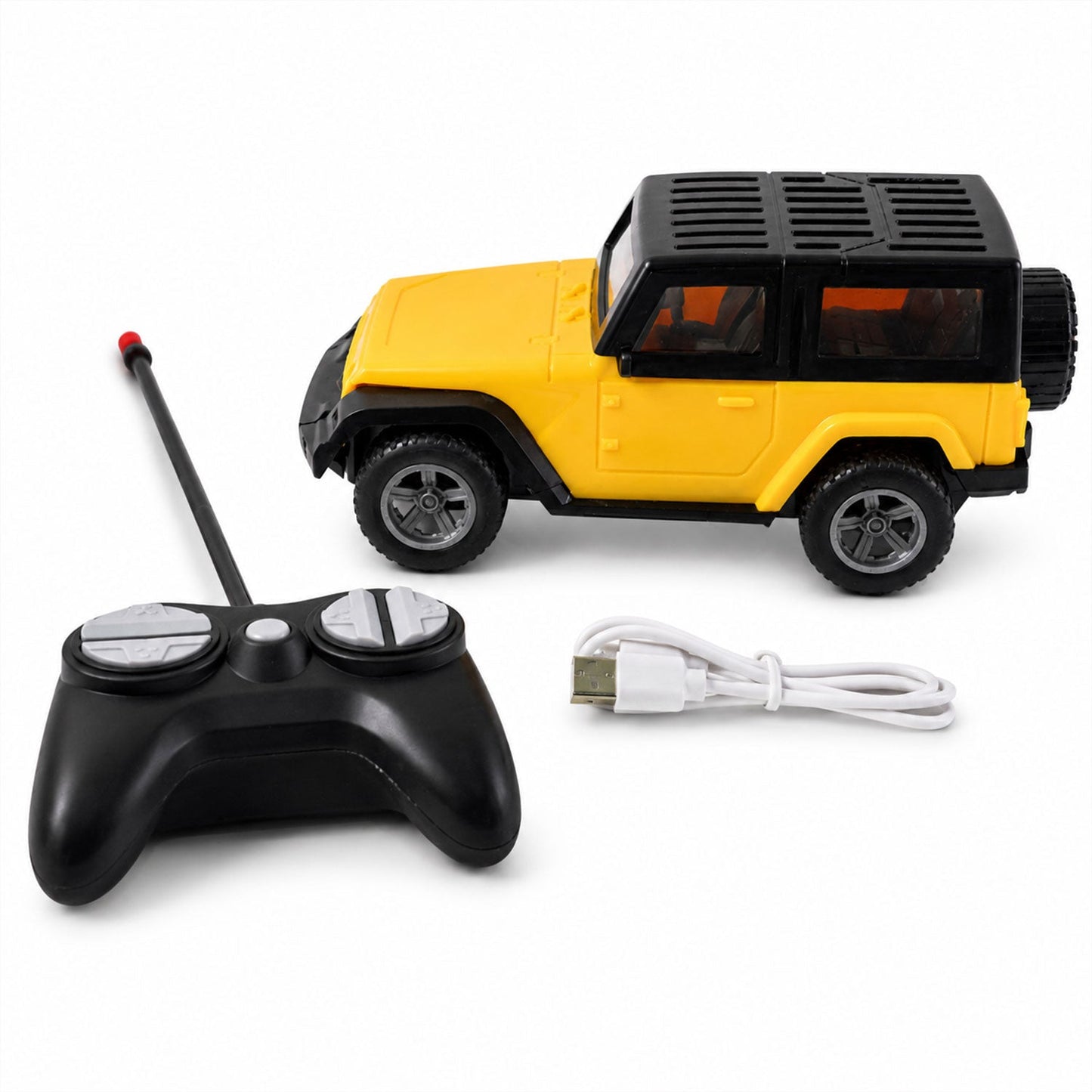 Yellow off-road RC jeep toy displayed on white background