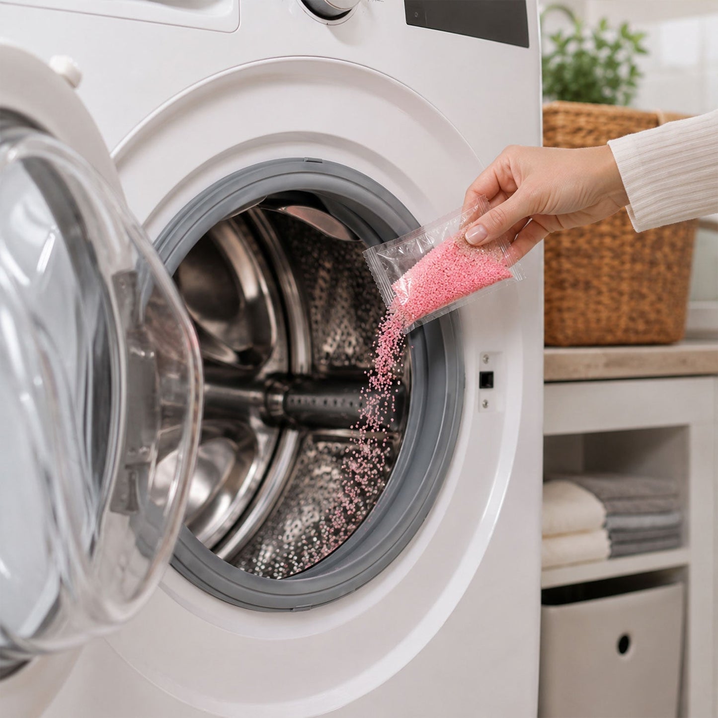 Pink washing machine cleaning powder in a pack