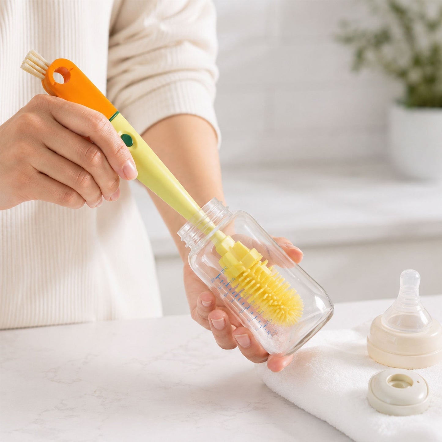 Long handle bottle scrubber for deep cleaning bottles