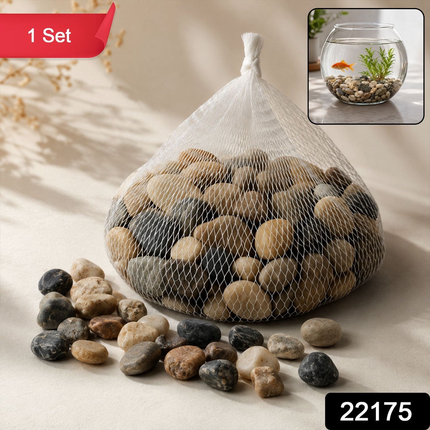Natural river stones packed in a net bag, suitable for indoor and outdoor decoration.
