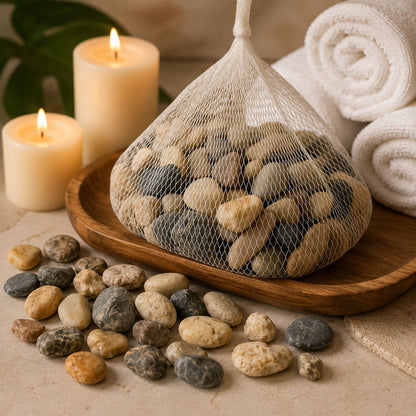Natural river stones enhancing garden paths and potted plants outdoors.