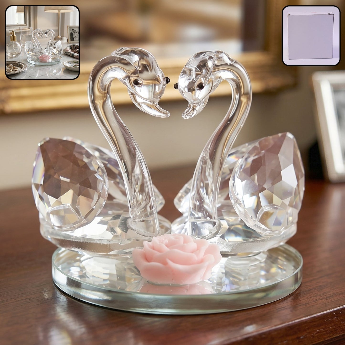 Decorative glass couple swan figurine with pink rose accent